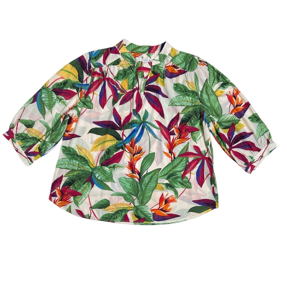 Chico's Tropical Print 3/4 Sleeve V Neck Blouse Size Large